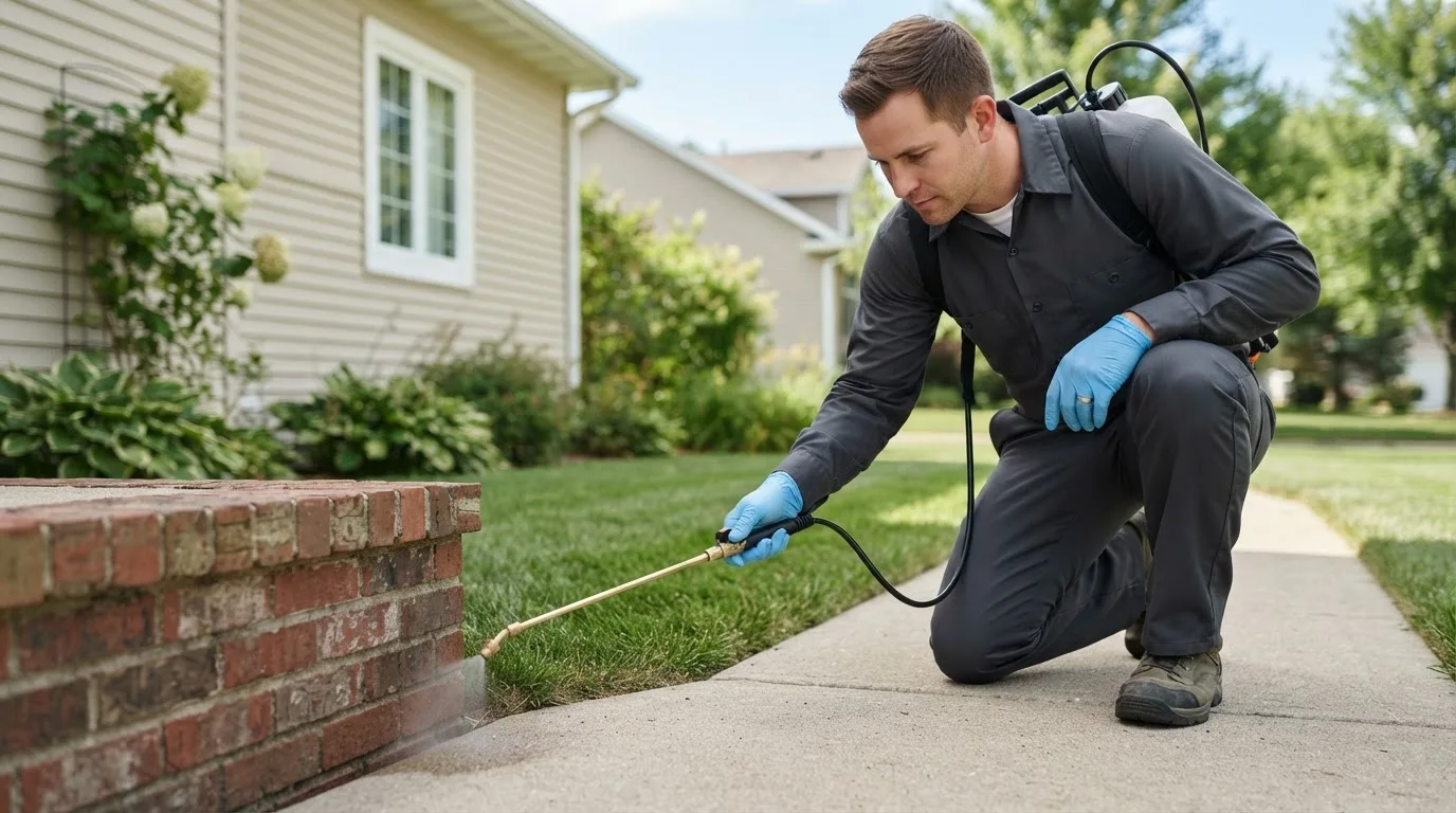 Pest control technician treating a home near Equality, AL